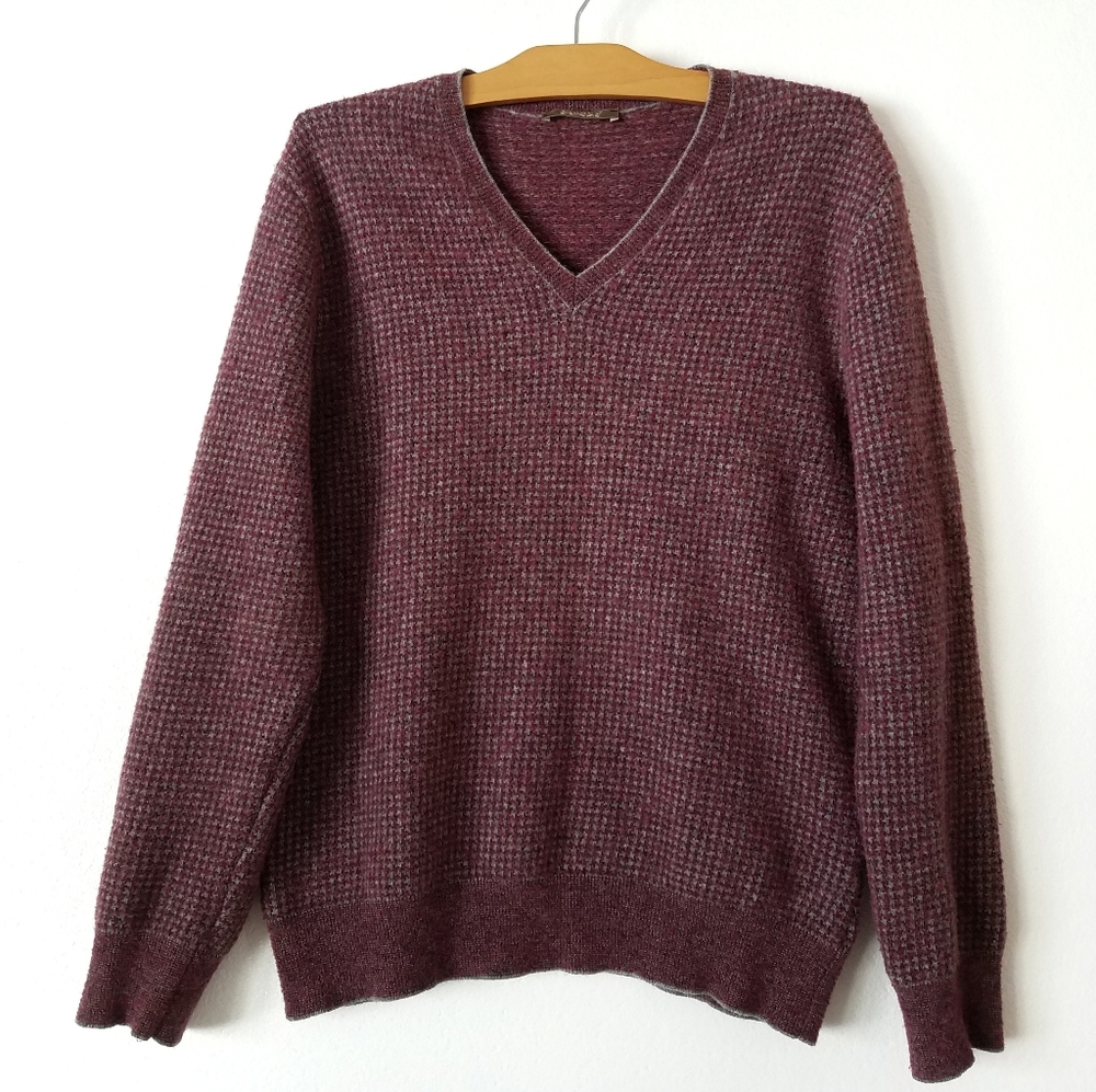 Vtg Andrea Fenzy burgundy wool blend V-neck sweater elbow patch detail